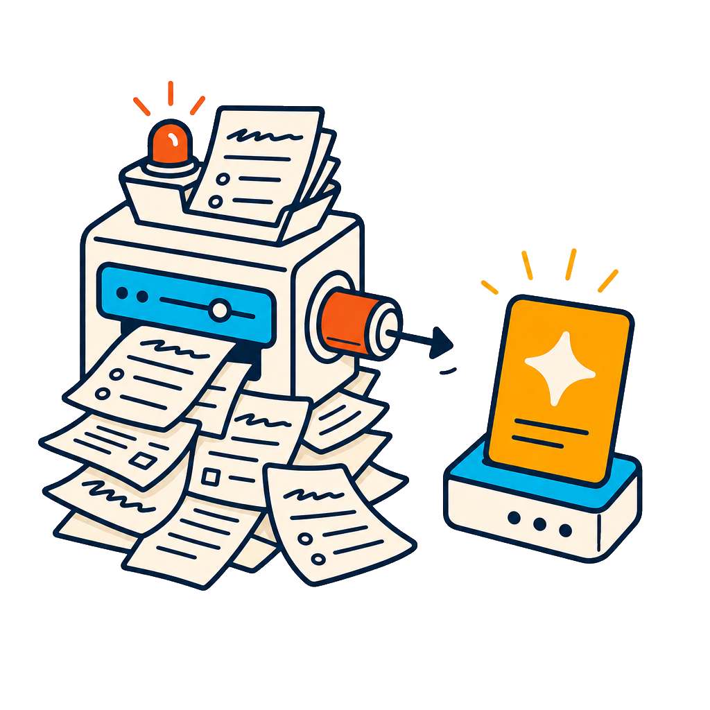 AI-generated copy cards piling up while the underlying message remains unclear.