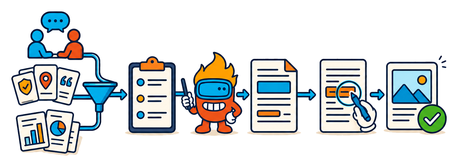 Customer and market evidence moving through a message brief, draft, review, and approved GTM asset